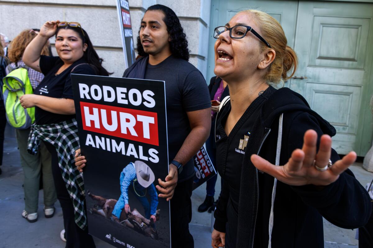 A line of people, with one speaking and another holding a "Rodeos hurt animals" sign.