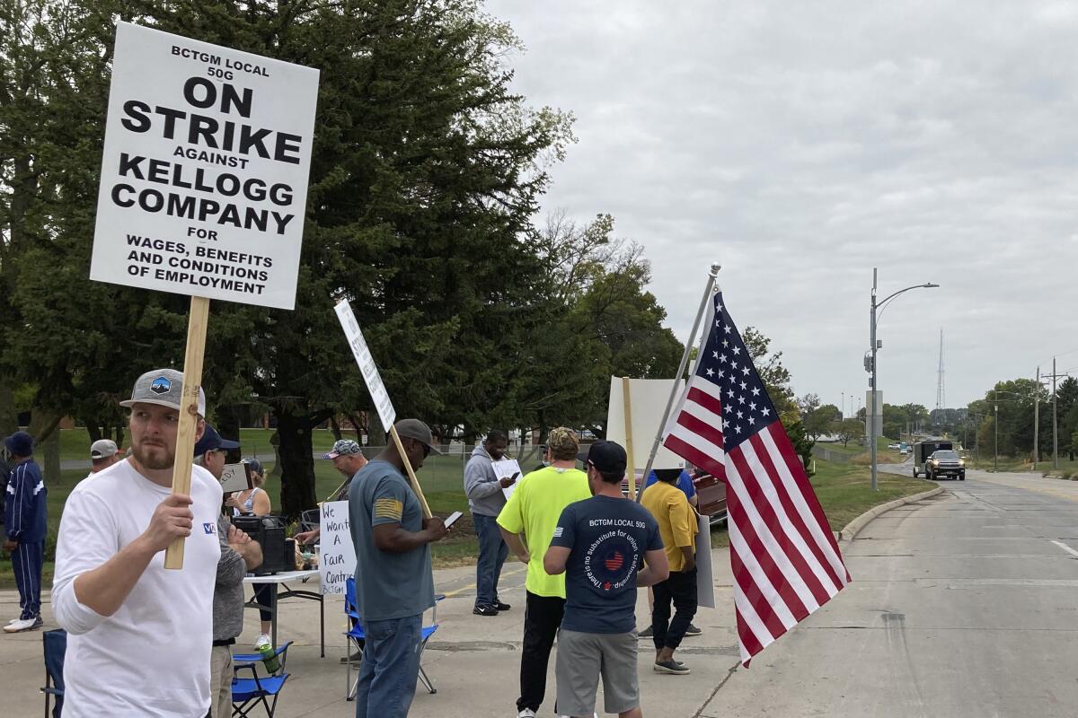 Workers hold pickets and an American flag