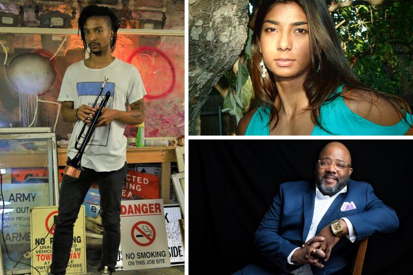 Art of Elan’s “Broken Windows” will be performed in the San Diego Museum of Art’s gallery showing the exhibit by African-American artist/musician Justin Sterling (above, left). The concert will feature works by Juhi Bansal (top, right) and Jonathan Bailey Holland.