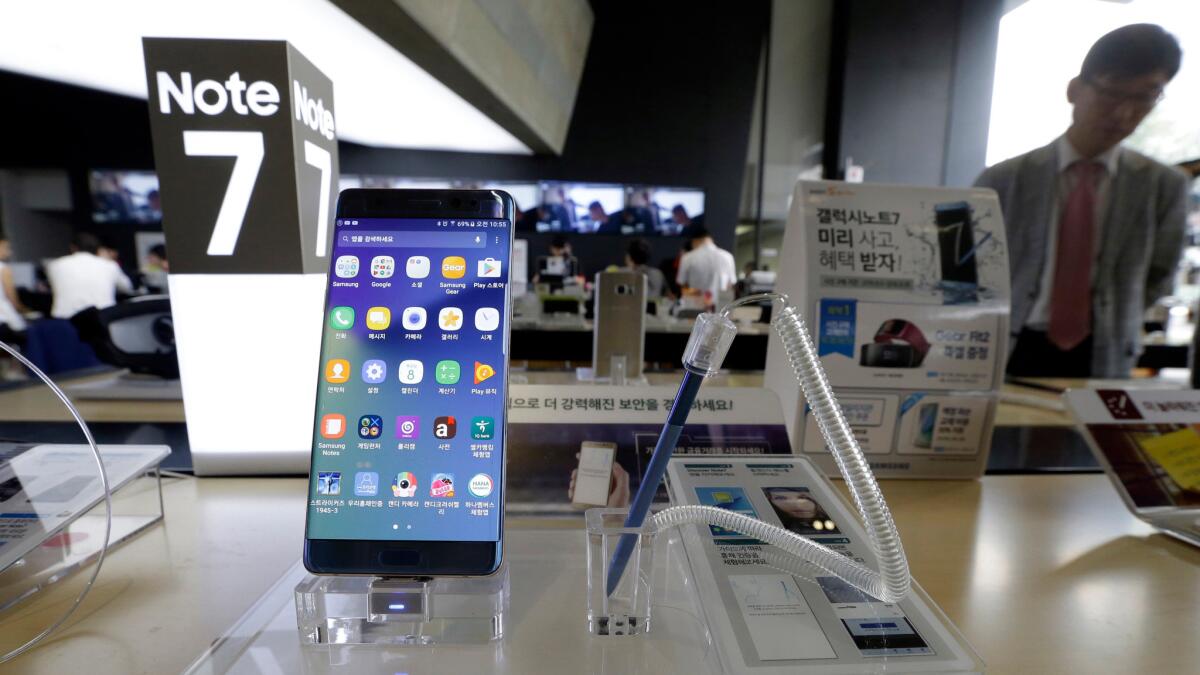 A Samsung Galaxy Note 7 phone is displayed in Seoul on Sept. 8.