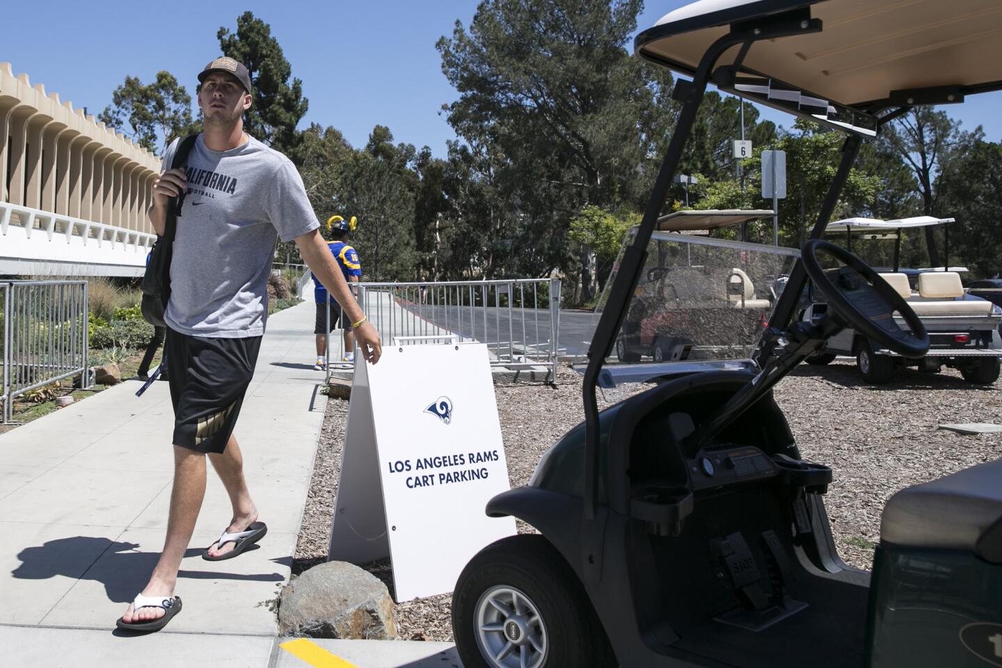 Quarterback Jared Goff heads to the locker room after arriving at the Rams' training camp at UC Irvine.