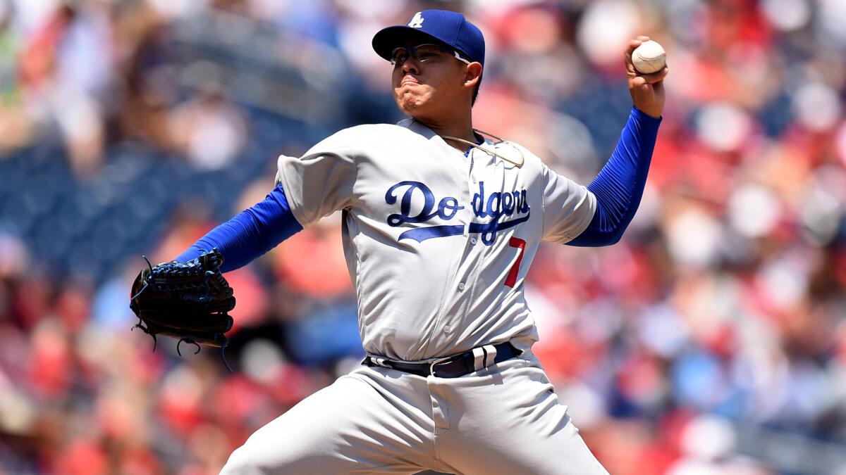 Julio Urias gave up one earned run in four innings against the Nationals on July 22.