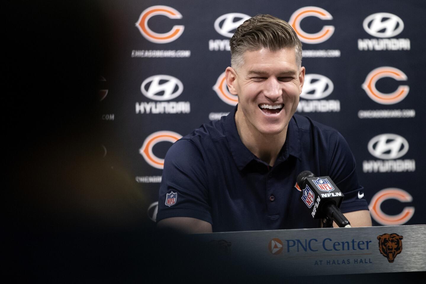 Bears General Manager Ryan Pace laughs during a news conference at Halas Hall in Lake Forest on Monday, Jan. 14, 2019.