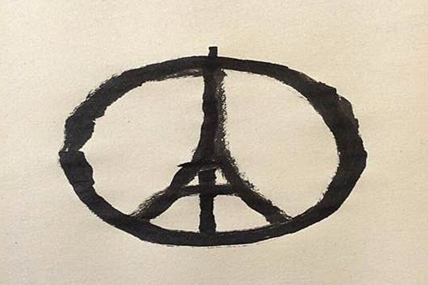 This photograph made available on Saturday Nov. 14, 2015, shows a piece of artwork created by Jean Jullien. Social media was awash Saturday with images of public buildings lit up in the French colors of red, white as people globally expressed their solidarity with the French facing the aftermath of the terror attacks in Paris. One of the most shared images was of a piece symbol by Jean Jullien, a French graphic designer living in London. Jullien said he came to the image using simple association of Paris with peace. (Jean Jullien via AP)