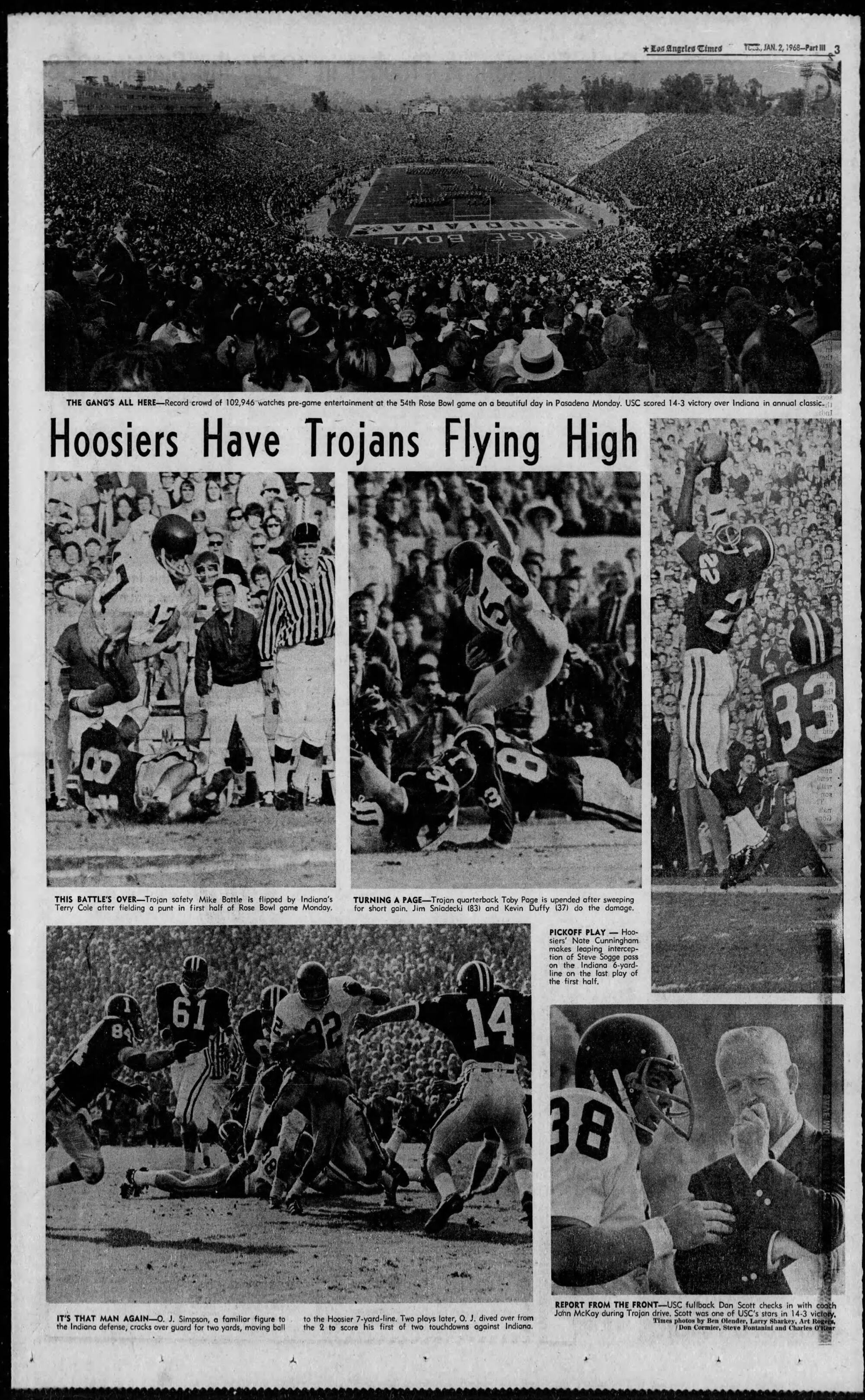 A photo spread in the Los Angeles Times of the 1968 Rose Bowl game between USC and Indiana, now Big Ten rivals.