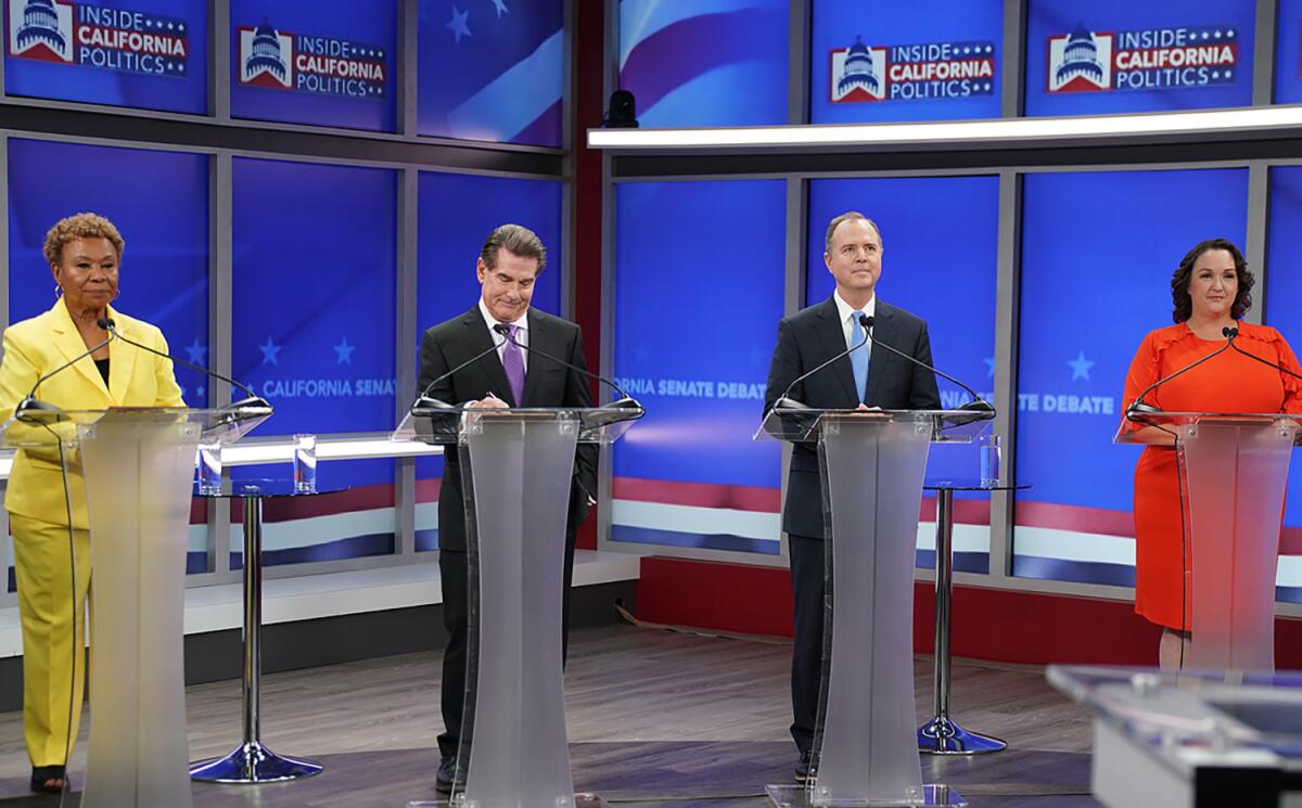 U.S. Senate candidates during a televised debate in San Francisco on Feb. 12