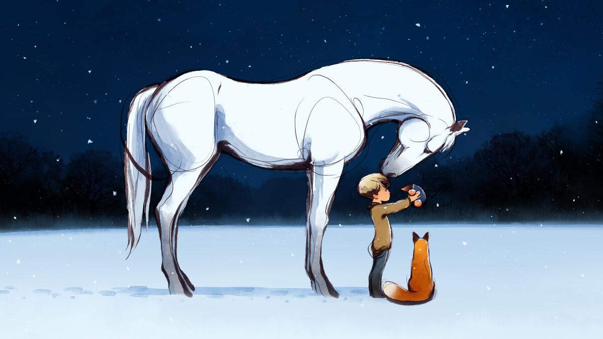 An animated horse, boy, fox and mole, stop to talk under a starry sky.