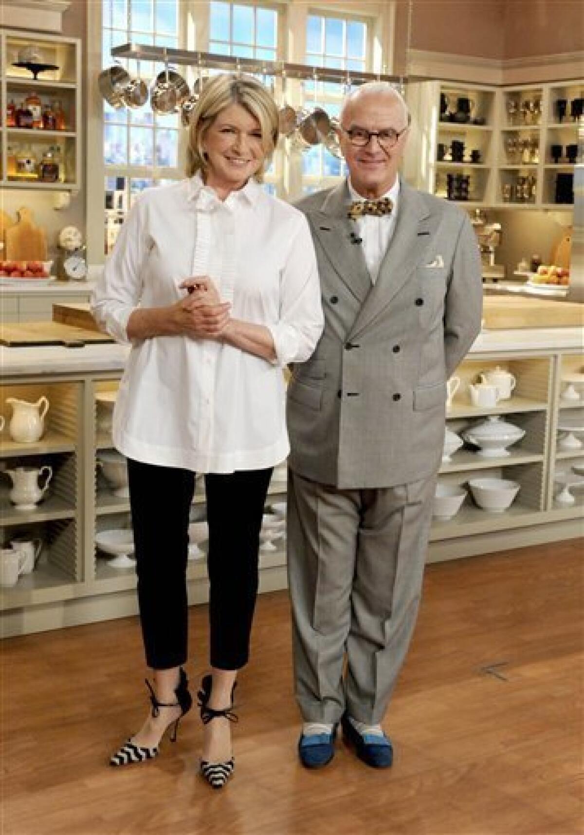 This Oct. 13, 2010 photo released by David E. Steele for The Martha Stewart Show shows Martha Stewart and top footwear designer Manolo Blahnik on the set of "The Martha Stewart Show" in New York. Blahnik, raised in the Canary Islands and now based in London, was in New York Wednesday for an on-air appearance on the show. (AP Photo/The Martha Stewart Show, David E. Steele) MANDATORY CREDIT: DAVID E. STEELE/THE MARTHA STEWART SHOW; NO SALES; NO ARCHIVES