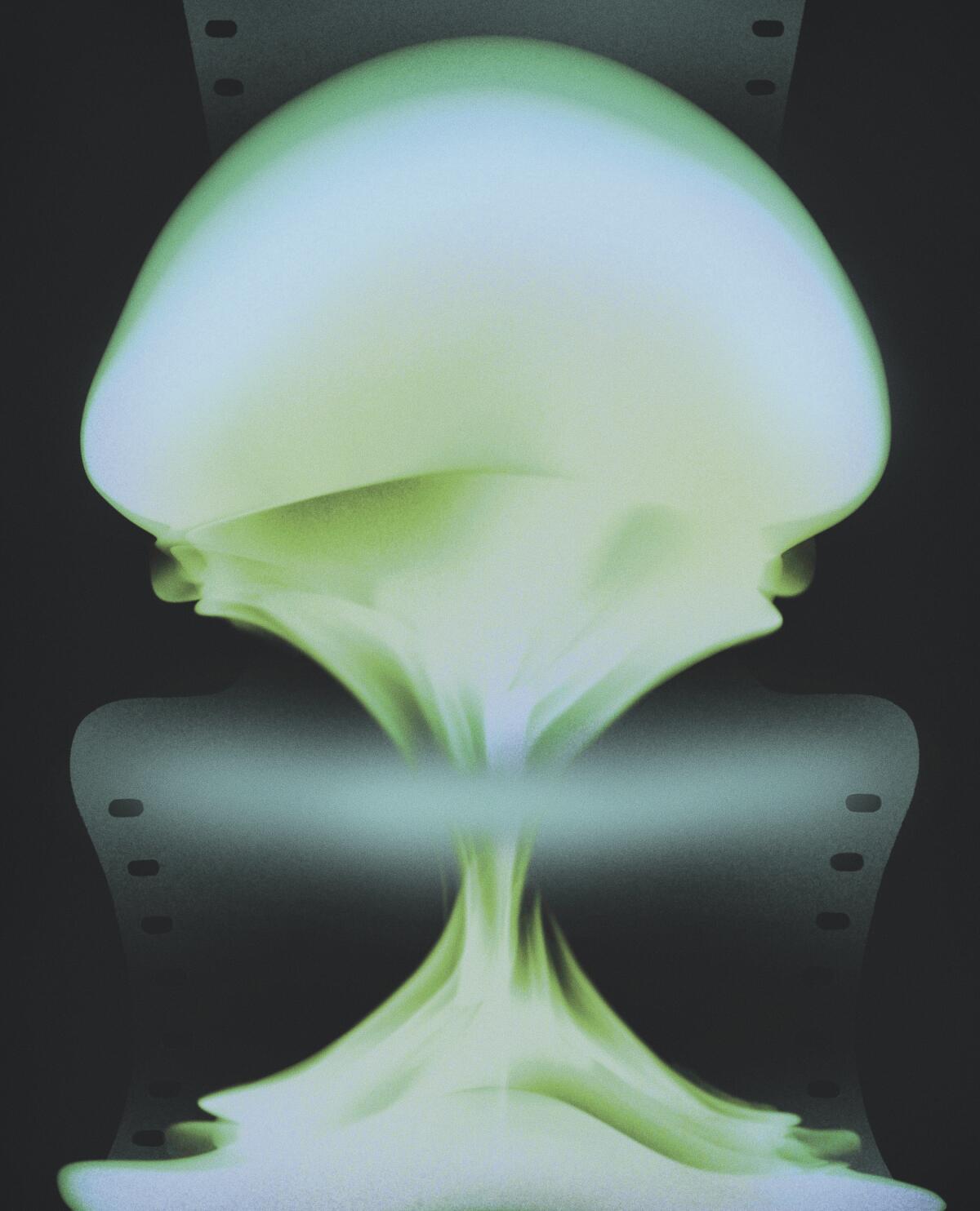 A ilustração abstrata sugere uma nuvem em forma de cogumelo e uma tira de filme