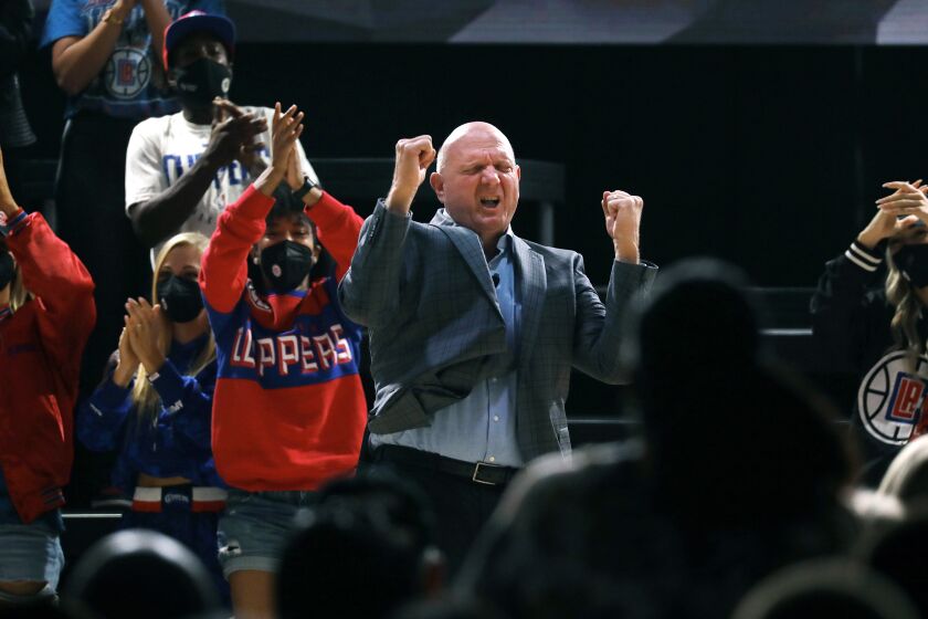 INGLEWOOD-CA-SEPTEMBER 17, 2021: L.A. Clippers owner Steve Ballmer takes the stage during a groundbreaking ceremony at the corner of Century Boulevard and Prairie Avenue in Inglewood, where the Intuit Dome will be built, on Friday, September 17, 2021. (Christina House / Los Angeles Times)