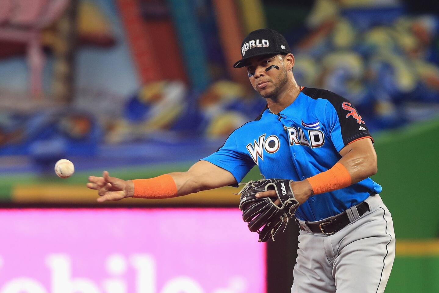 Yoan Moncada fields a ball against the U.S. Team during the SiriusXM All-Star Futures Game at Marlins Park on July 9, 2017,