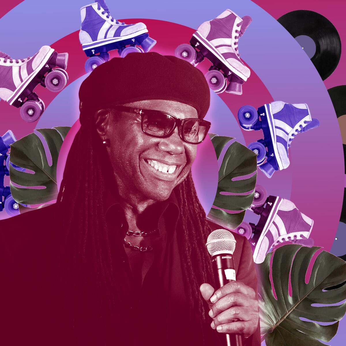 A photo illustration with roller skates and Nile Rodgers