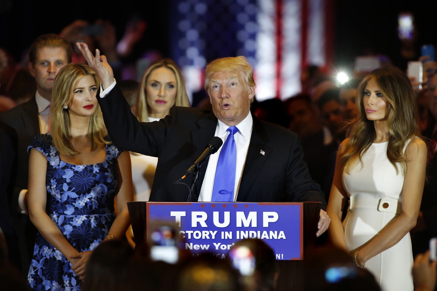 Donald Trump addresses the media and a few supporters in New York after winning the Indiana primary.
