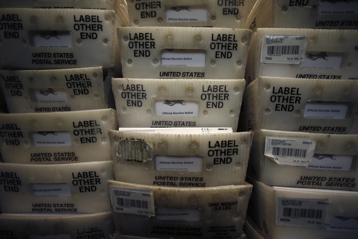 Processed mail-in ballots at the election office in Doylestown, Pa., in May, prior to the primary election.