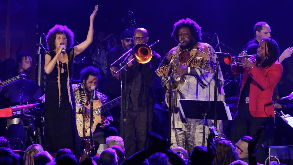 Los Angeles powerhouse Kamasi Washington, on saxophone, and his big band were joined by vocalist Patrice Quinn, Ryan Porter on trombone and Dontae Winslow on trumpet, among many others, at the sold-out Regent on Monday.