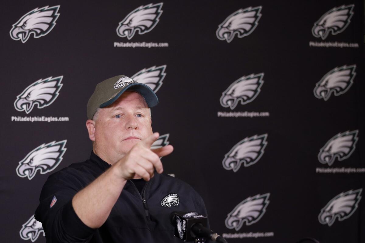 Philadelphia Eagles Coach Chip Kelly speaks with reporters Thursday before organized team activities at team's practice facility.