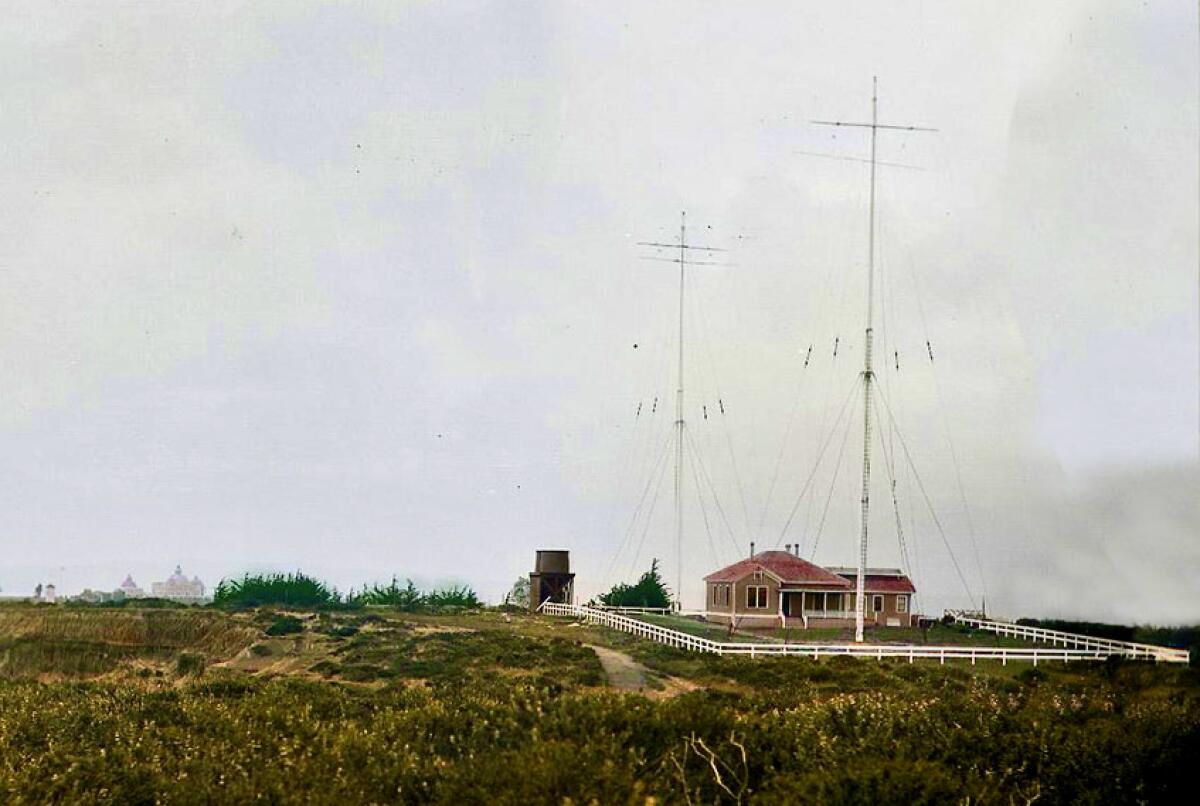 The Navy's Point Loma wireless telegraph station is pictured in late 1906. Lomaland is visible to the left.