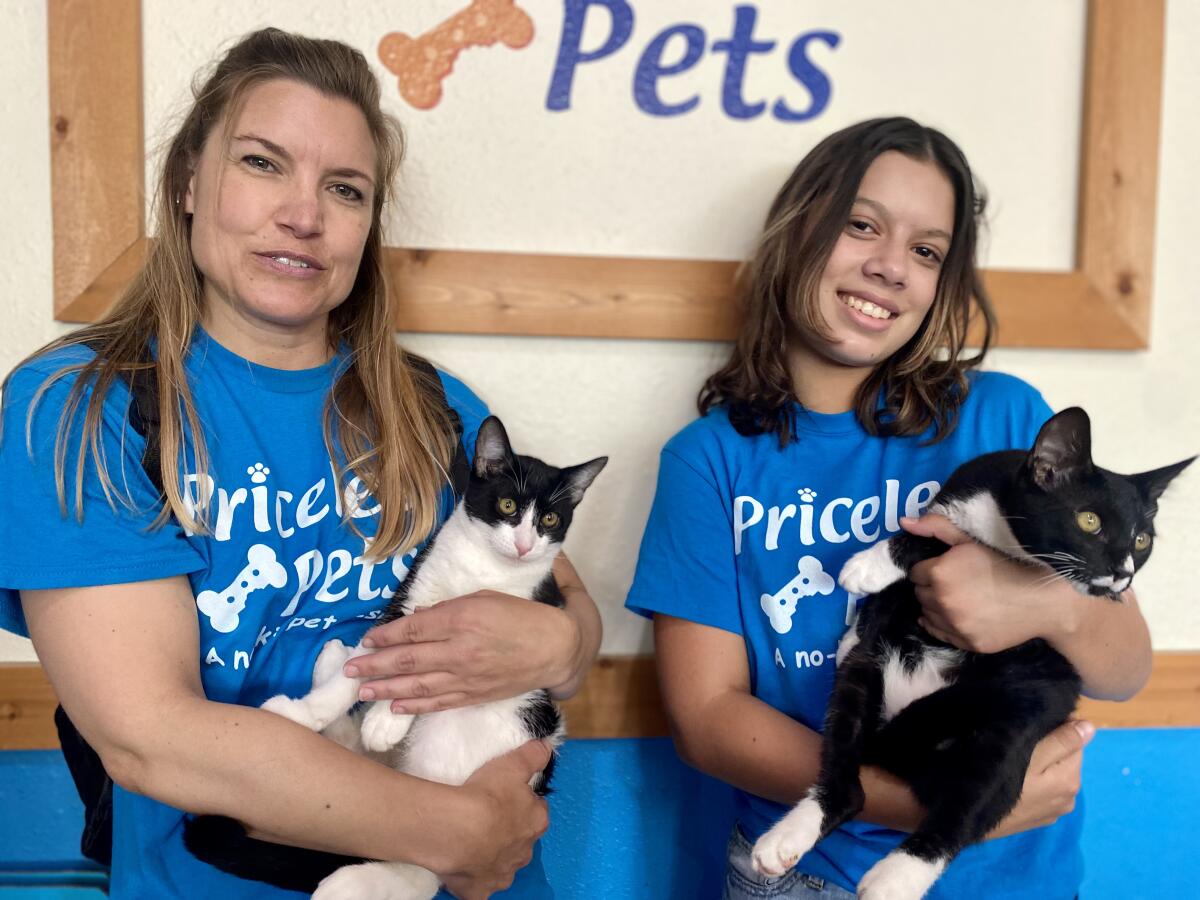 Volunteers with the nonprofit Priceless Pets pose with a pair of feline wards in this undated photo.