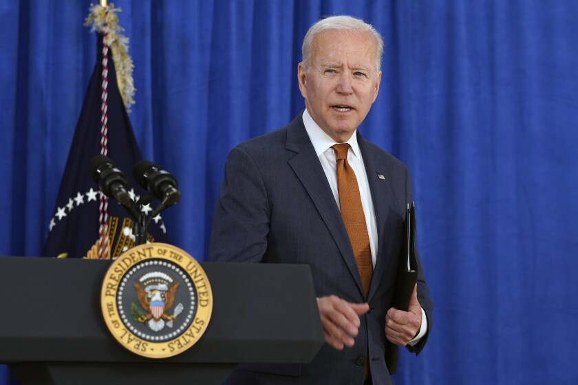 President Joe Biden walks away after talking about the May jobs report from the Rehoboth Beach Convention Center in Rehoboth Beach, Del., Friday, June 4, 2021. (AP Photo/Susan Walsh)
