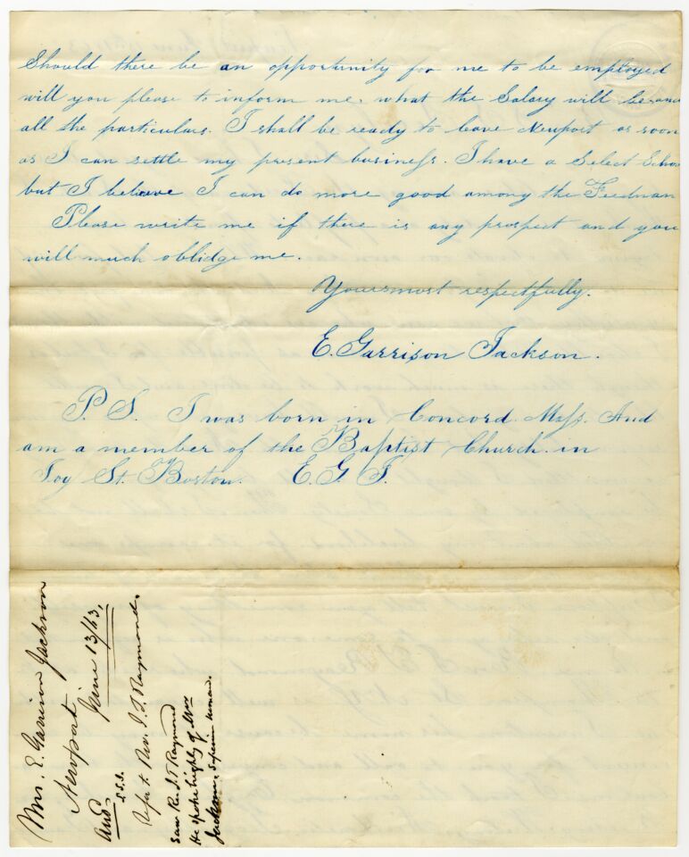 A letter from Ellen Garrison Jackson Clark dated June 13, 1863, applying for a teaching position with the American Missionary Association which starts: "Sirs, I have a great desire to go and labor among the Freedmen of the South. I think it is our duty as a people to spend our lives in trying to elevate our own race."
