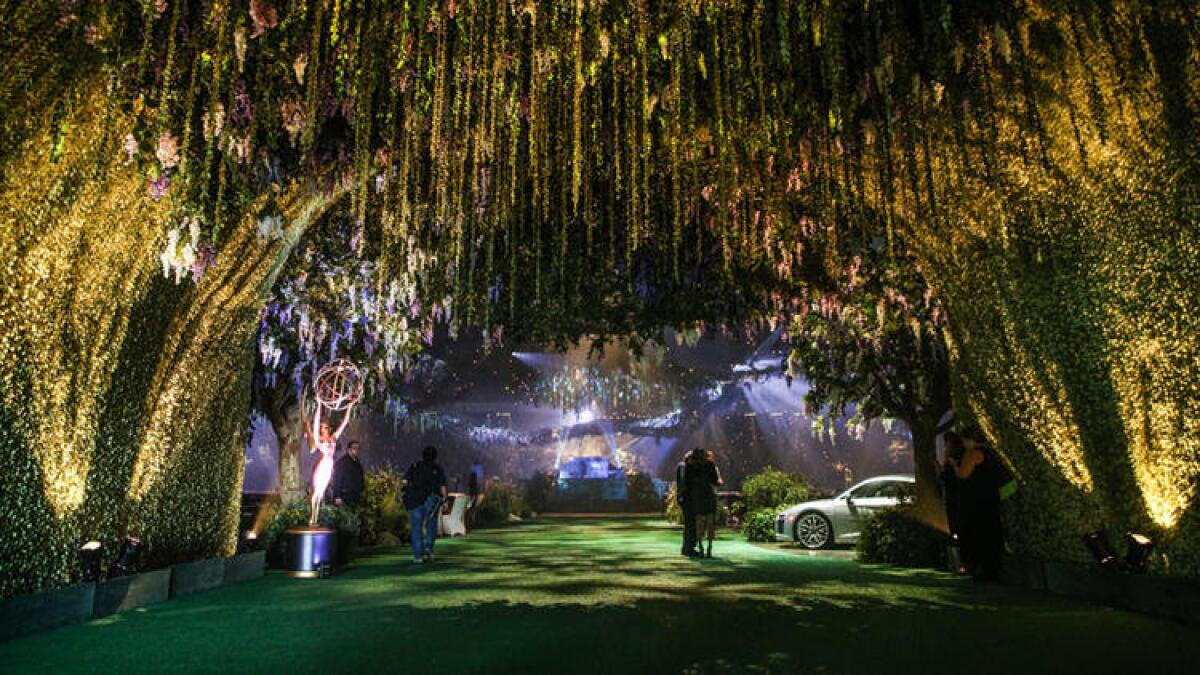 The entrance to the Emmy Awards' Governors Ball, themed Nature's Elegance, photographed on a media preview day.