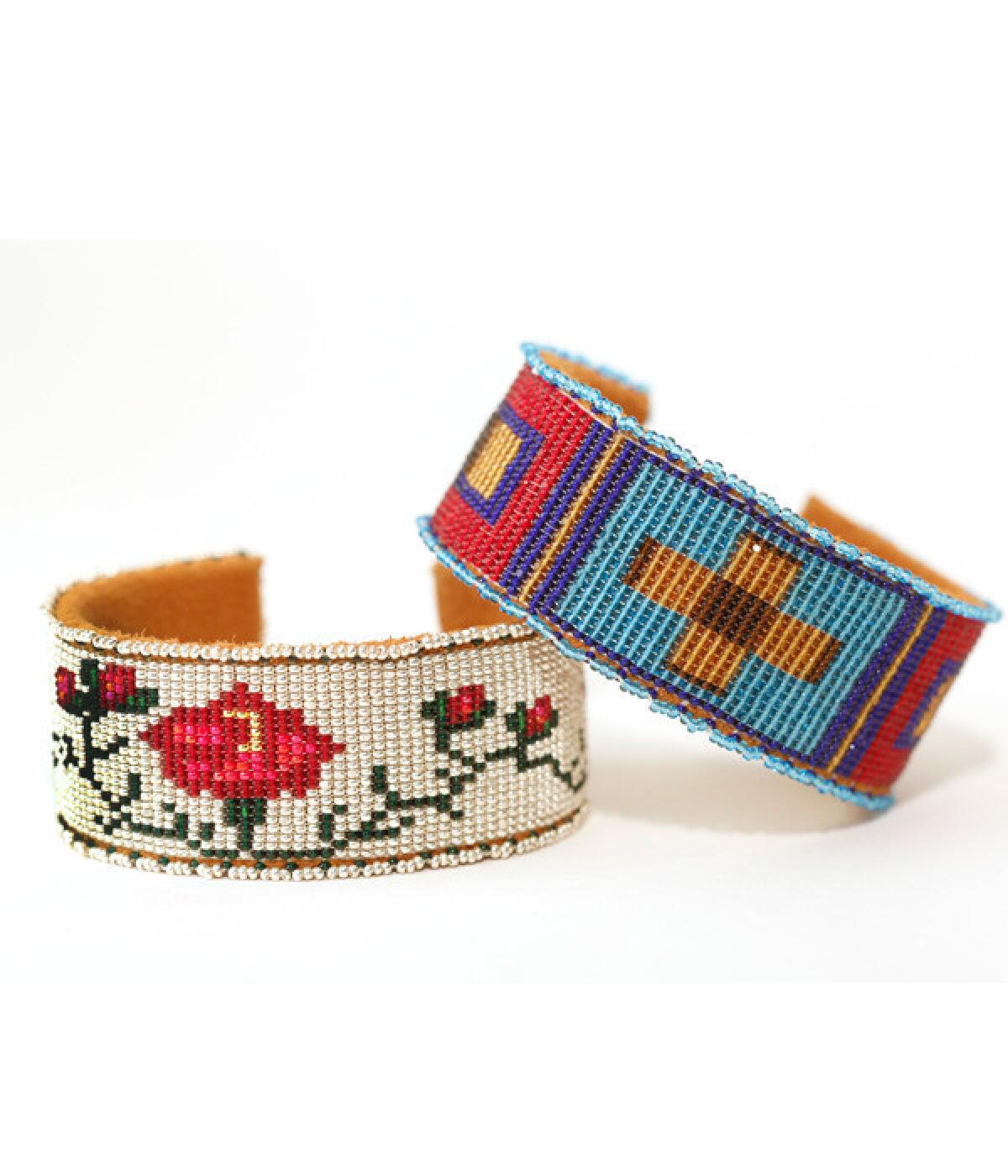 Teri Greeves hand-beaded leather cuff bracelets.