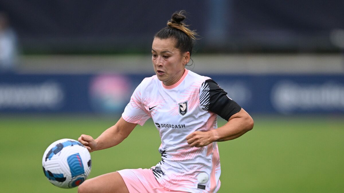 Angel City's Ali Riley plays during an NWSL Challenge Cup soccer match against Wave FC, Saturday.