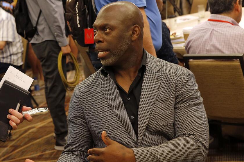 Los Angeles Chargers head coach Anthony Lynn speaks to the media during the NFC/AFC coaches breakfast during the annual NFL football owners meetings, Tuesday, March 26, 2019, in Phoenix. (AP Photo/Matt York)