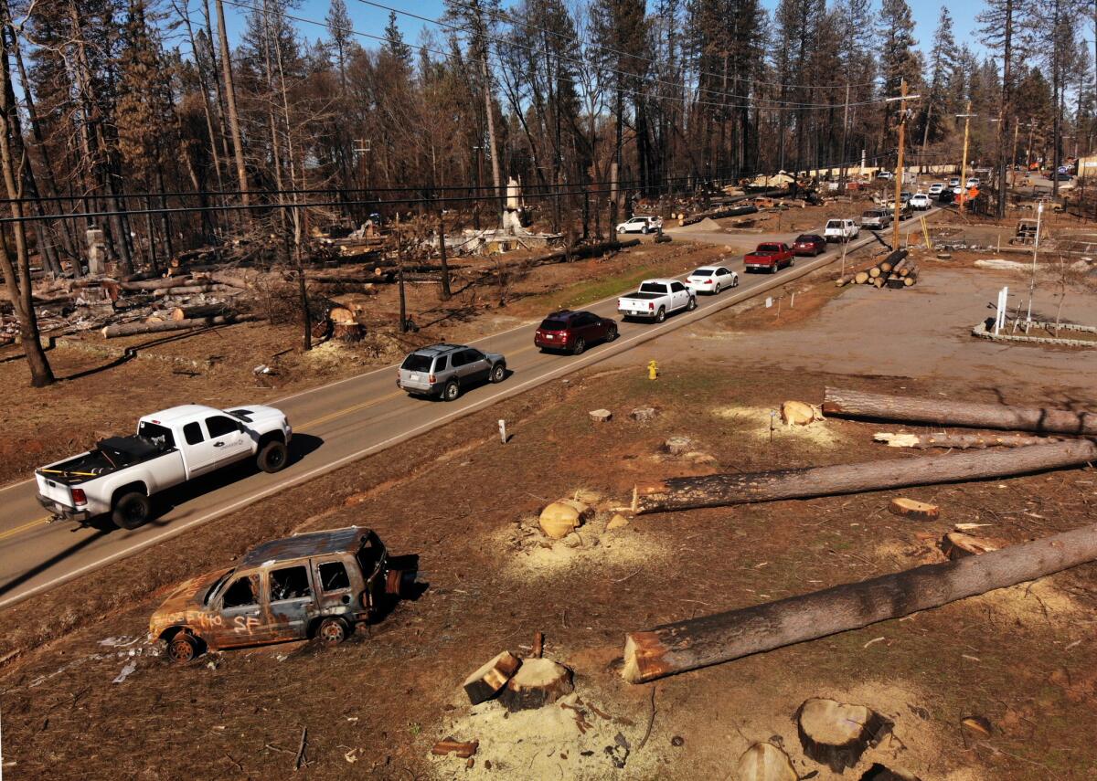 Traffic is lined up on Skyway Road in Paradise. Trees have been cut all along the main roads of Paradise as a safely precaution.