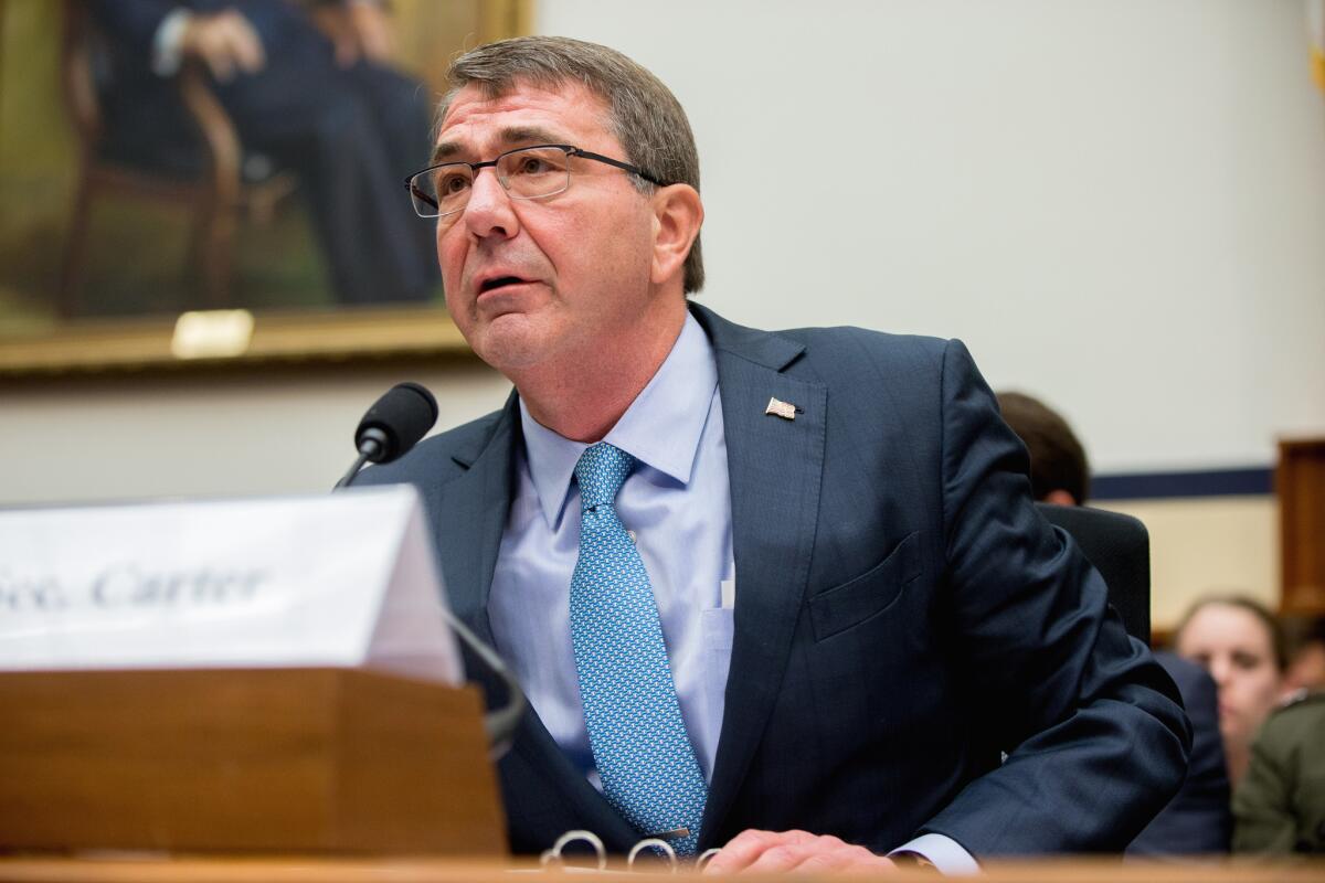 Defense Secretary Ashton Carter testifies on Tuesday before the House Armed Services Committee hearing on the U.S. strategy for Syria and Iraq.