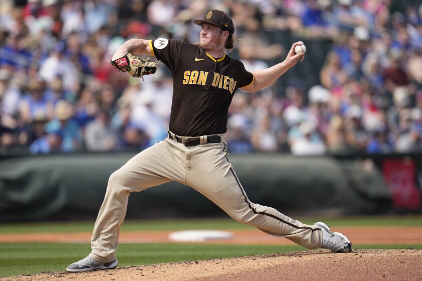 San Diego Padres starting pitcher Jay Groome delivers during the first inning of a spring training baseball game against the Kansas City Royals, Friday, March 10, 2023, in Surprise, Ariz. (AP Photo/Abbie Parr)