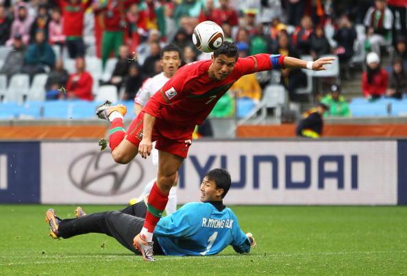 Cristiano Ronaldo of Portugal controls the ball as he scores his team's sixth goal during the 2010 FIFA World Cup South Africa Group G match between Portugal and North Korea at the Green Point Stadium on June 21, 2010 in Cape Town, South Africa.