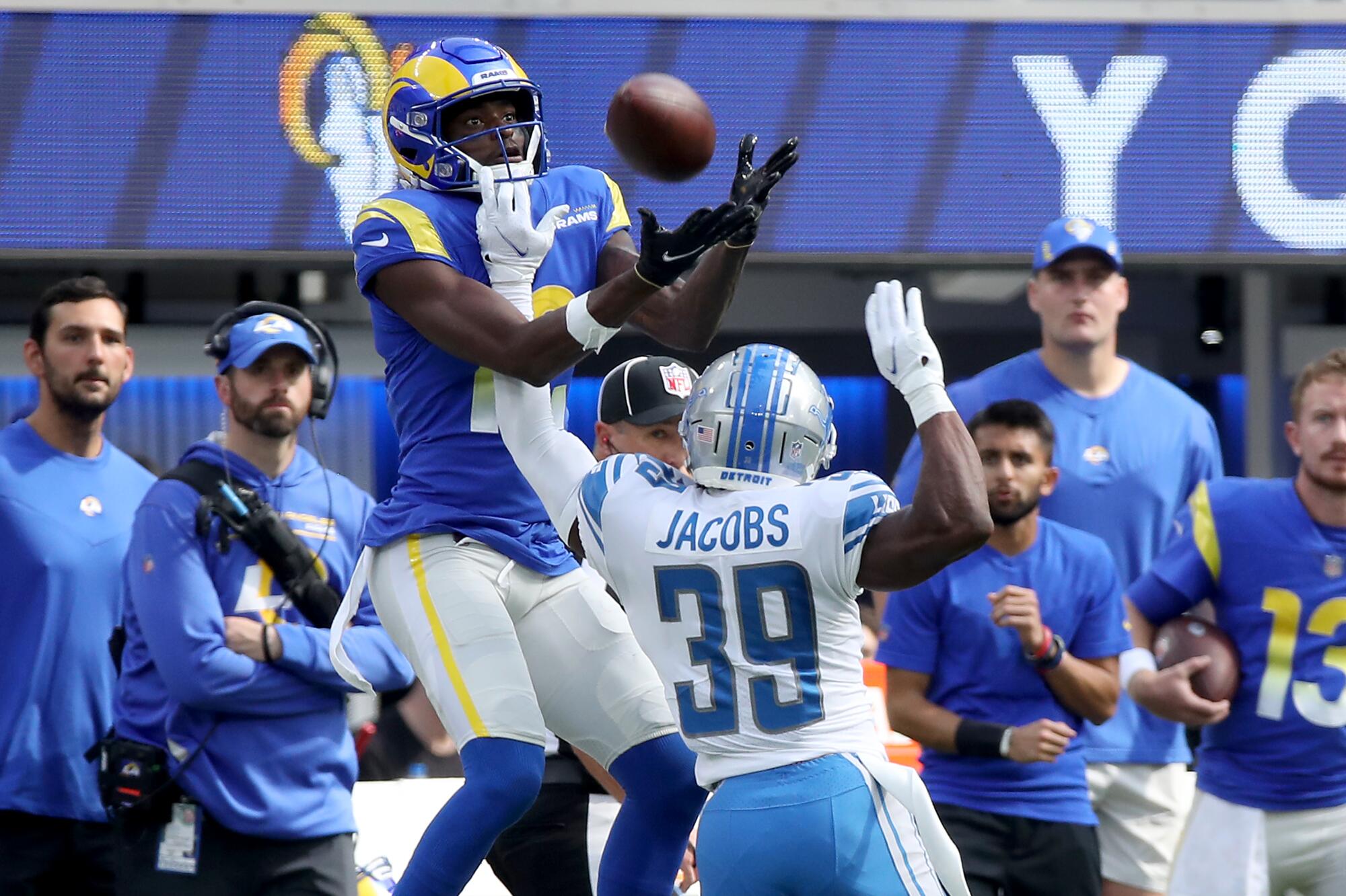 Rams wide receiver Van Jefferson, top, tries to make a catch over Detroit Lions cornerback Jerry Jacobs.