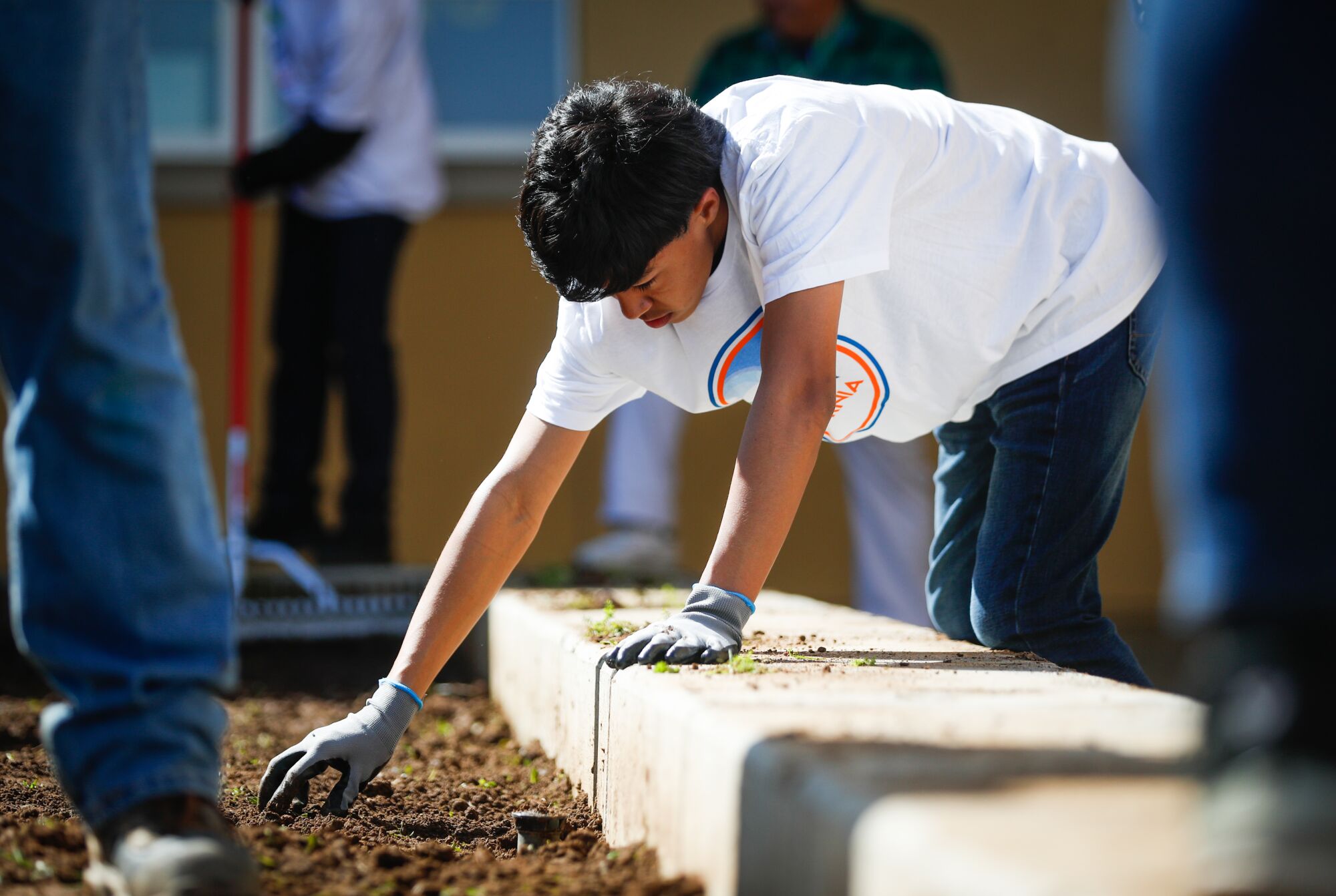 Southwest Middle School student Eder Murillo, 13, and classmates work to create a community garden