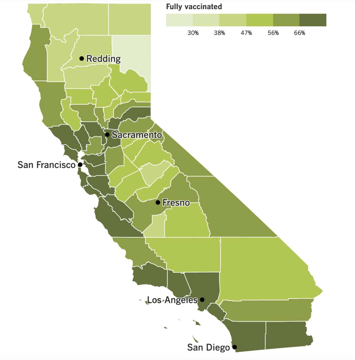 A map showing California's vaccination progress by county as of Jan. 25, 2022.