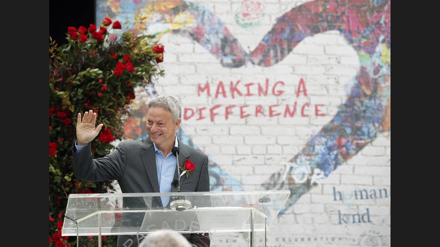 Actor and humanitarian Gary Sinise smiles and waves as he is met by applause after being introduced at on the front lawn of the Tournament House in Pasadena for the announcement of the 2018 Tournament of Roses Grand Marshal on Monday, October 30, 2017. Sinise, famously known for his portrayal of Lt. Dan in the movie Forrest Gump, and CSI: NY, was selected as Grand Marshal for his humanitarian work on behalf of veterans.