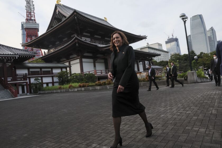 U.S. Vice President Kamala Harris visits Zojoji Temple on the day of the state funeral for former Prime Minister Shinzo Abe, Tuesday, Sept. 27, 2022, in Tokyo. (Leah Millis/Pool Photo via AP)