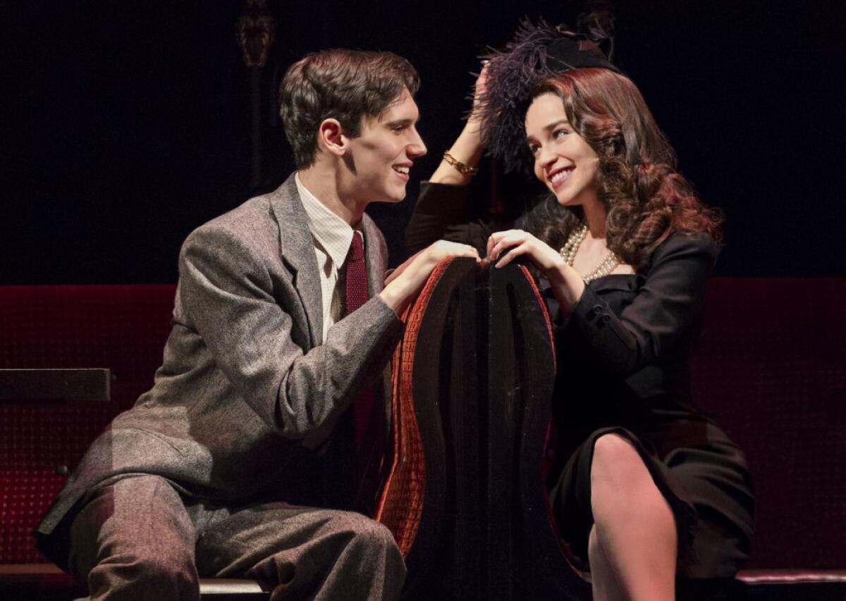 Cory Michael Smith, left, and Emilia Clarke in a scene from "Breakfast at Tiffany's," performing at the Cort Theatre in New York.