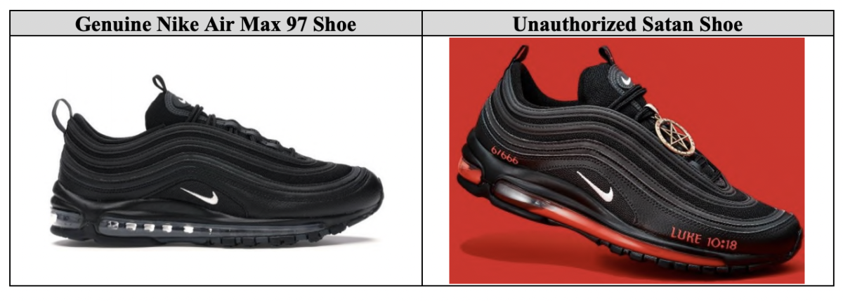 Nike Air Max 97 compared to the "Satan Shoes" that MSCHF released in collaboration with Lil Nas X.
