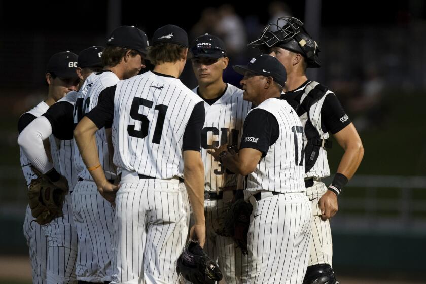 PHOENIX, AZ - APRIL 5: Andy Stankiewicz Grand Canyon Head Coach comes into talk to his team during a baseball game between the Texas Tech Red Raiders and the Grand Canyon Lopes on April 5, 2022, at GCU Ballpark, AZ. (Photo by Zac BonDurant/Icon Sportswire) (Icon Sportswire via AP Images)