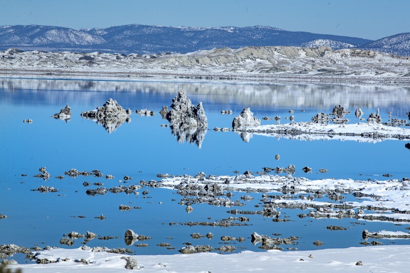 Snow-covered tufa towers at Mono Lake.