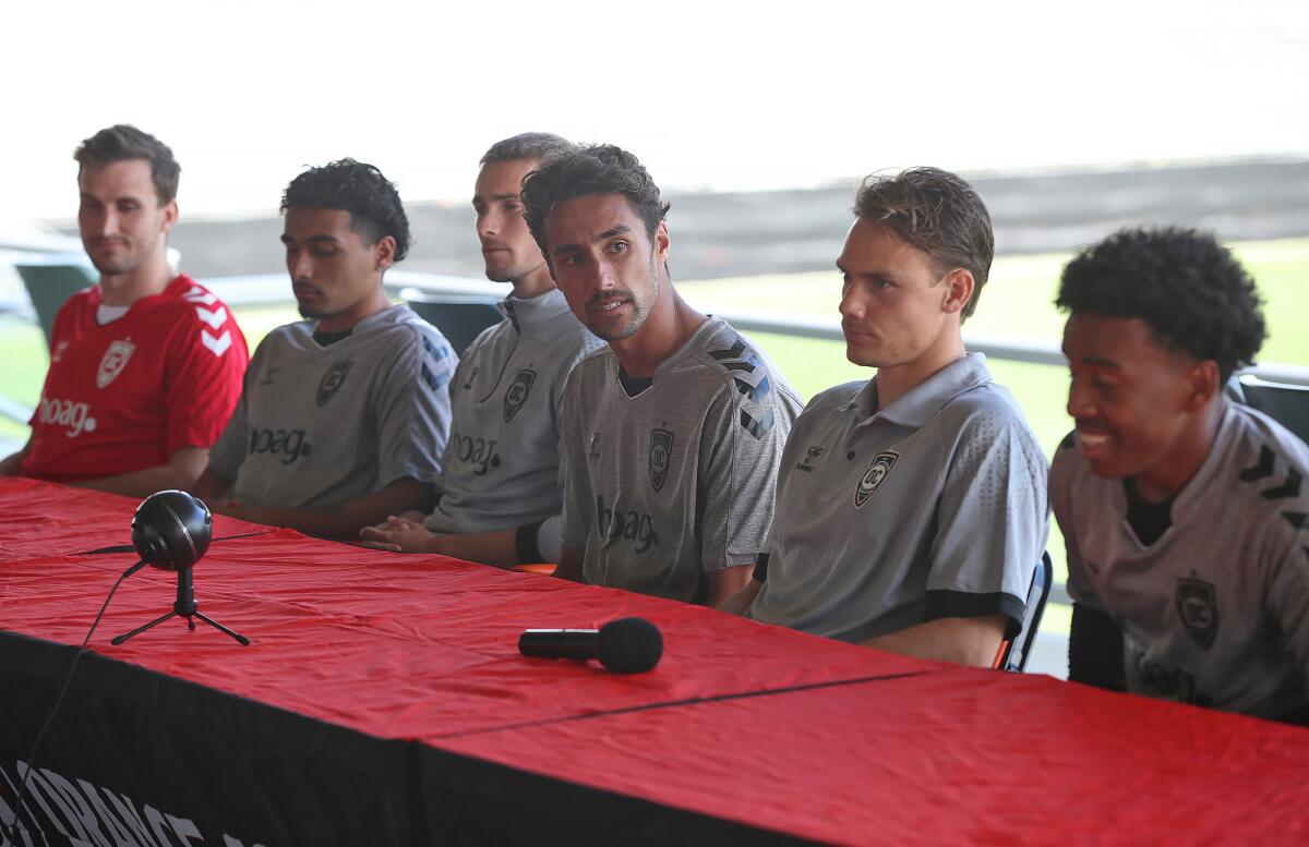 Players take questions during Tuesday's media day for the Orange County Soccer Club.