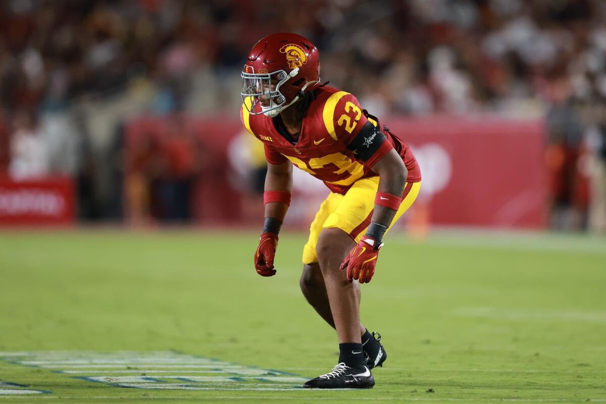 USC linebacker Desman Stephens drops back into coverage during a win over Utah State on Sept. 7.