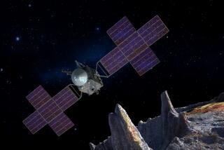 An illustration of NASA's Psyche spacecraft near the surface of a metal-rich asteroid.