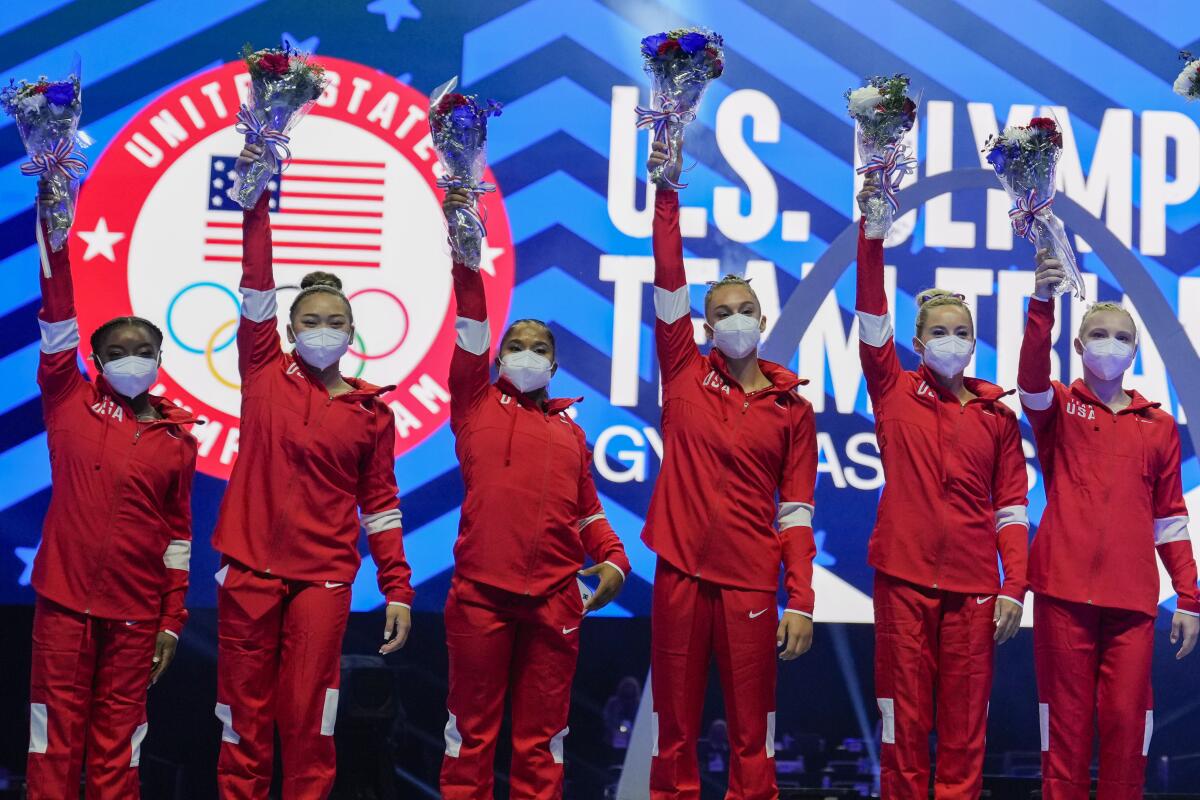 Members of the U.S. Olympic women's gymnastics team (from left): Simone Biles, Sunisa Lee, Jordan Chiles, and Grace McCallum.