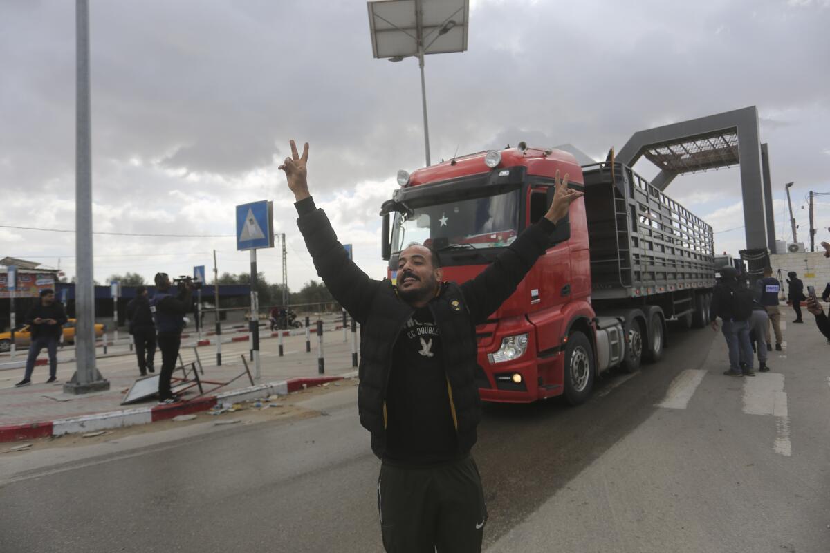 A Jordanian humanitarian aid convoy enters the Gaza Strip from Egypt.