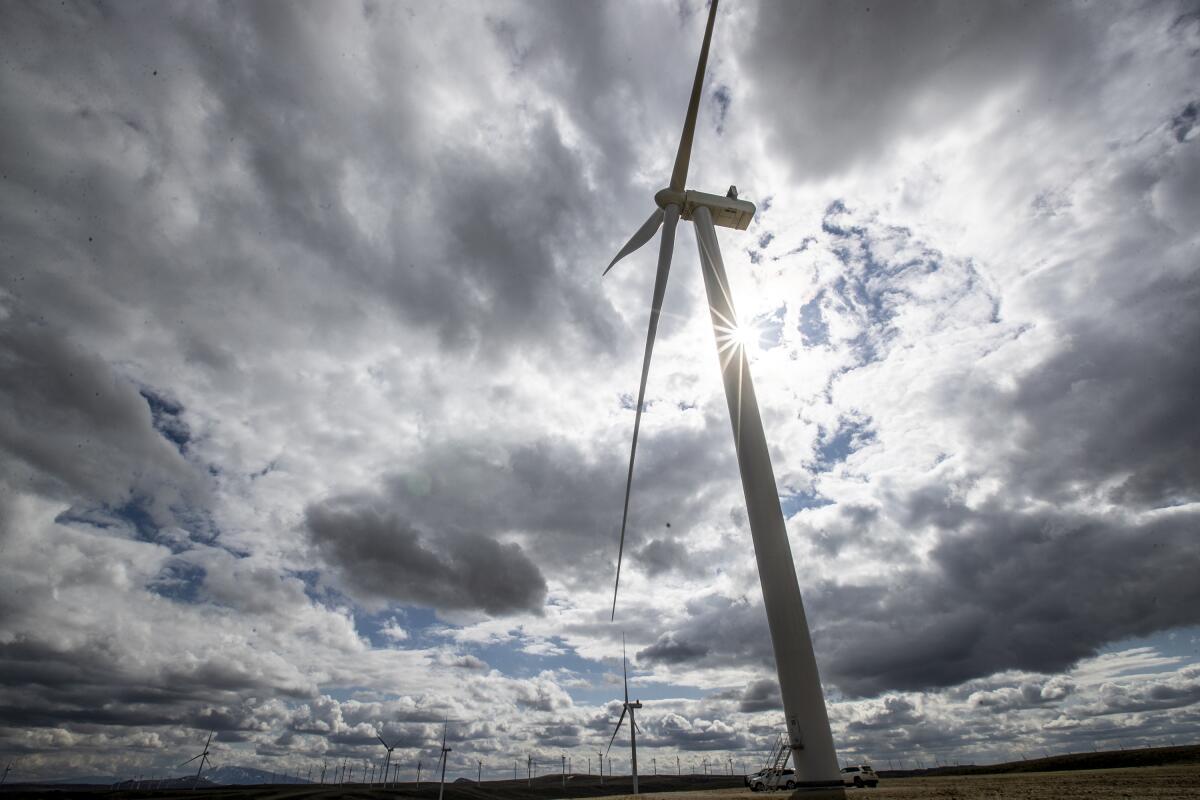 A turbine at the Ekola Flats wind farm in Wyoming.