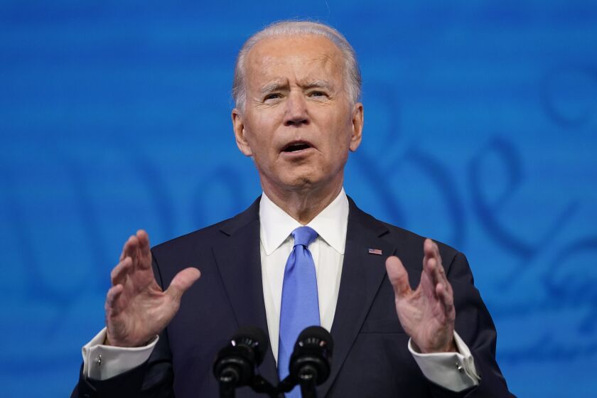 President-elect Joe Biden speaks after the Electoral College formally elected him as president, Monday, Dec. 14, 2020, at The Queen theater in Wilmington, Del. (AP Photo/Patrick Semansky)