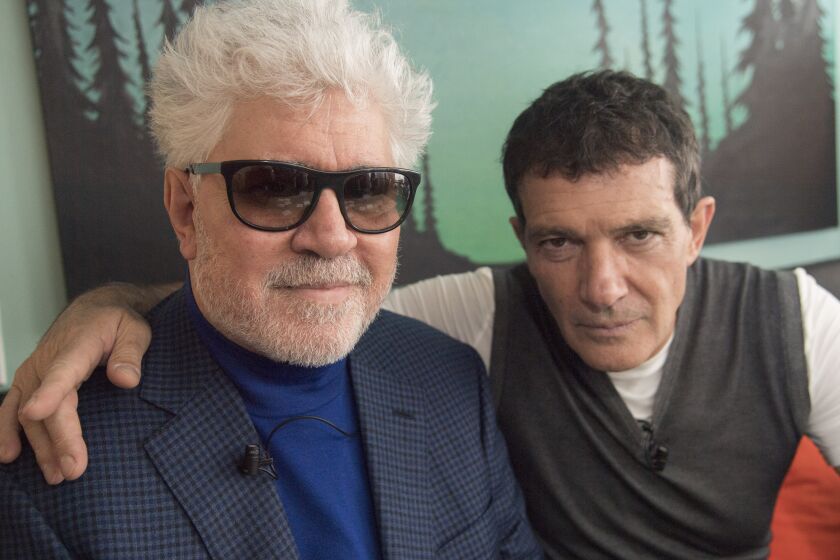 Los Angeles, CA - October 28, 2019 - "Pain and Glory," director Pedro Almodóvar and actor Antonio Banderas in the green room of the Montalban Theatre in Hollywood. The Los Angeles Times Envelope Live screening of "Pain And Glory," drew a full house. (Photo by Ana Venegas)