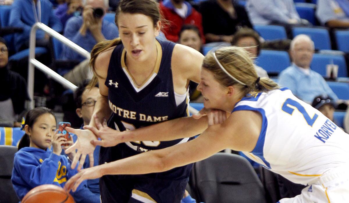 UCLA guard Kari Korver (2) knocks the ball away from Notre Dame guard Michaela Mabrey as she drives in the first half.